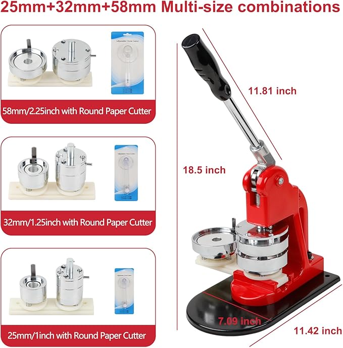 Button Maker Machine Multiple Sizes, 1 inch+1.25 inch+2.25 inch DIY Button Press Machine Kit, Metal Button Press Machine with Cutting Mat and Circle Cutte, Come with 300 Button Parts Supplies