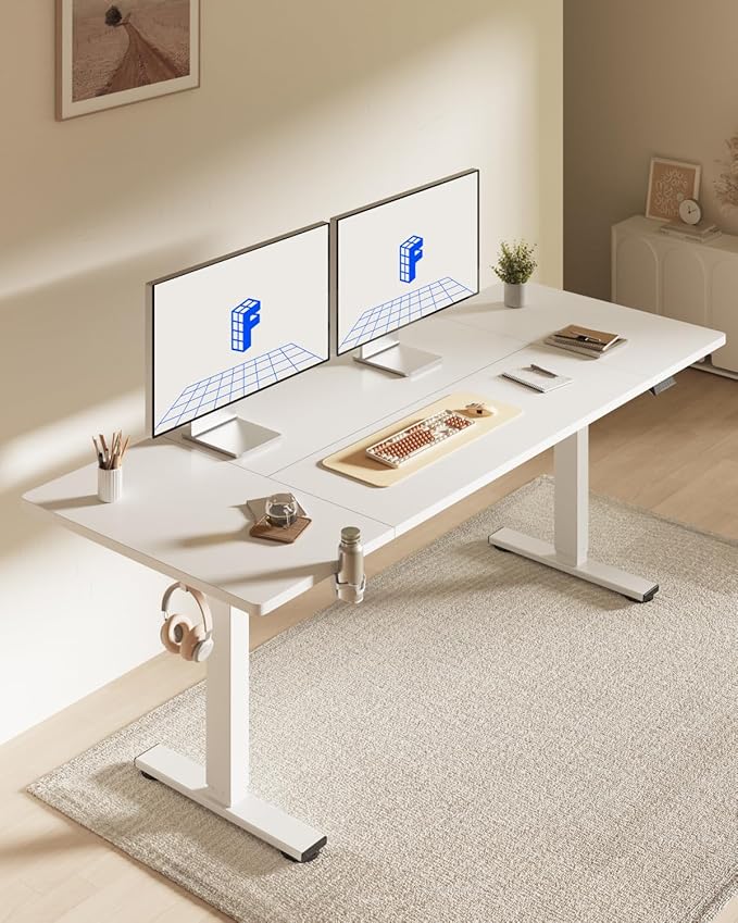 FLEXISPOT 71 x 32 Inch Large Standing Desk, Stand Up Desk with Splice Board, Rising Desks for Home Office, Office Desk with Cup Holder and Headphone Hook (White Frame + White Top, 2 Packages)