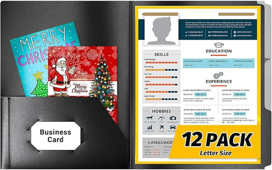 Fastener File Folder,Plastic Folders with Pockets,Reinforced Heavy Duty Pocket Folder with Brad,Manila,1/3 Cut Tabs,Letter Size,12 Pack,Black