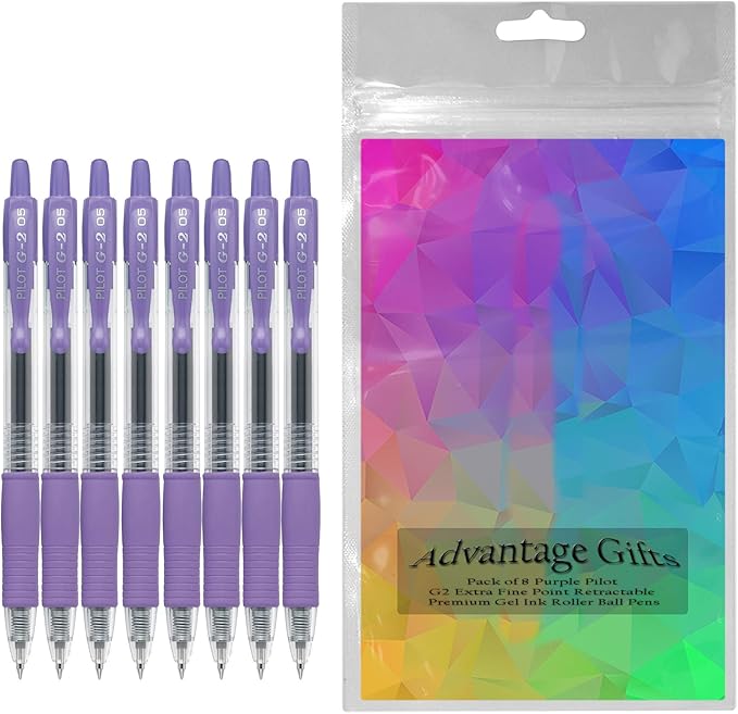 G2 Retractable Premium Gel Ink Roller Ball Pens Extra Fine Point (.5mm) Purple Ink 8 pack; Refillable & Premium Comfort Grip Bundle with Plastic Reusable Pouch