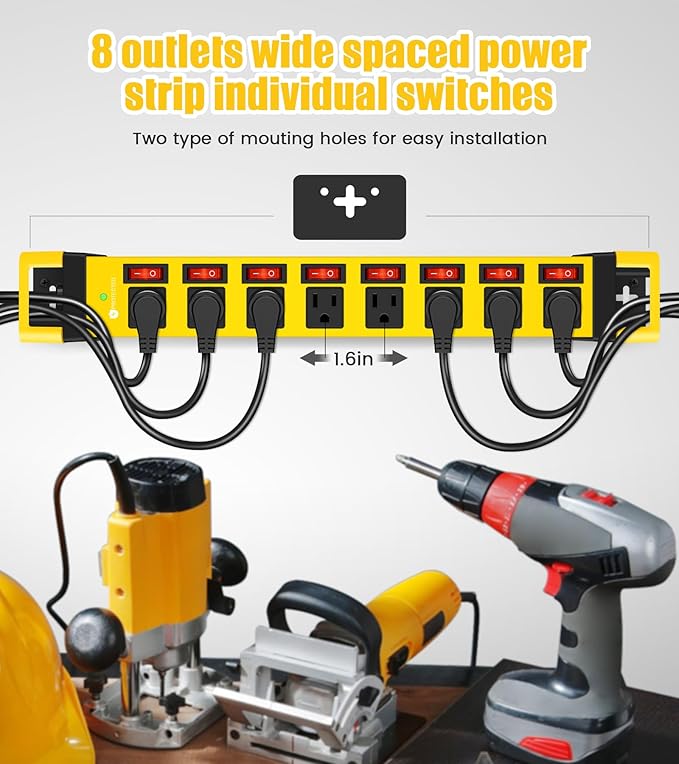 Heavy Duty Power Strip with Individual Switches,8 Outlets 14 Gauge Industrial Shop Garage Metal Multiple Outlets,1200J Surge Protector Mountable Power Strip,6FT Extension Cord Management(Yellow)