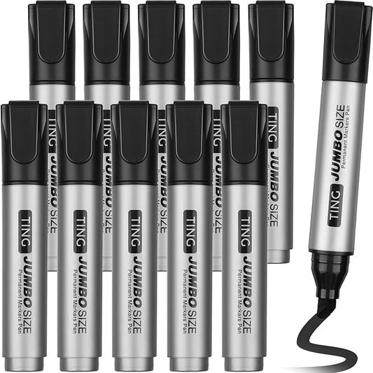 Fuutreo 10 Pack Jumbo Permanent Markers Bulk Large Chisel Tip Permanent Markers Quick Drying Waterproof Big Huge Poster Pens for Office, Logistics Company and More(Black)