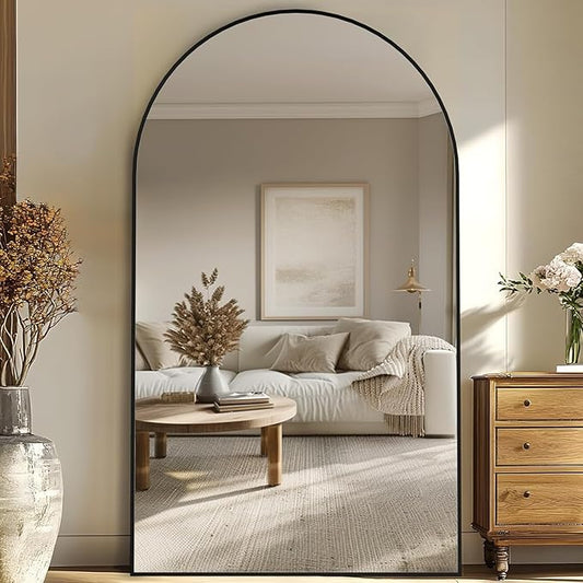 Full Length Mirror, 91"x46" Oversized Floor Mirror Freestanding, Full Body Floor Standing Mirrors with Stand, Hanging Mounted for Bedroom Living Room, Black, Arched Style