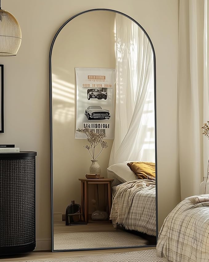 Full-Length Floor Mirror with Stand, 58"x21" Arched Style Full Body Standing Mirror for Bedroom, Living Room, Gym, Dorm - Shatter-Resistant & Easy Assembly, Black