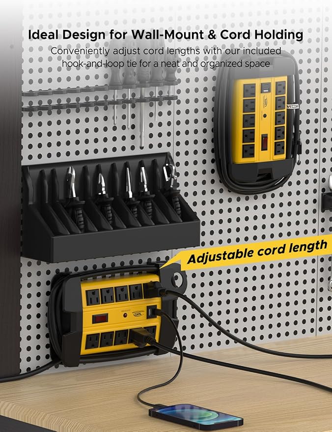 CRST Heavy Duty Power Strip with USB-C,10-Outlet Metal Surge Protector Power Strip with 6FT Cord(2800J),15A Circuit Breaker, Wall Mount, Cord Management, ETL Listed