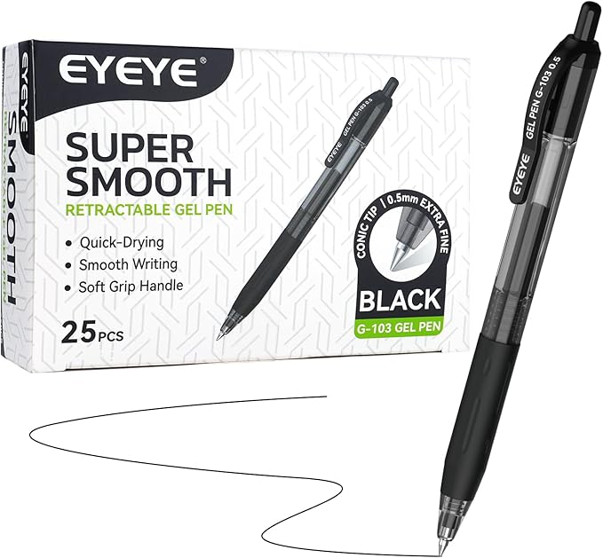 EYEYE G-103 Retractable Gel Pens Black 0.5mm, 25 Pack Extra Fine Point Gel Ink Pens Quick Drying, 0.5 mm Fine Piont Ballpoint Pen Smooth Writing for Office School Supplies