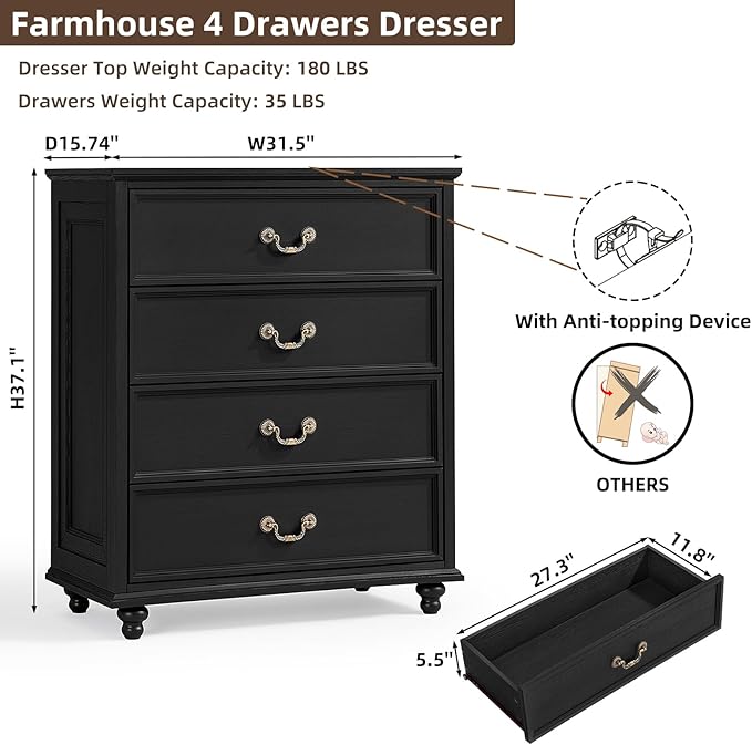 Farmhouse 4 Drawer Dresser Set of 2 for Bedroom, 37" Tall Rustic Chests of Drawers w/ 4 Solid Wood Feet, Mid Century Vintage Wooden Closet Storage Dressers Organizer for Living Room, Black