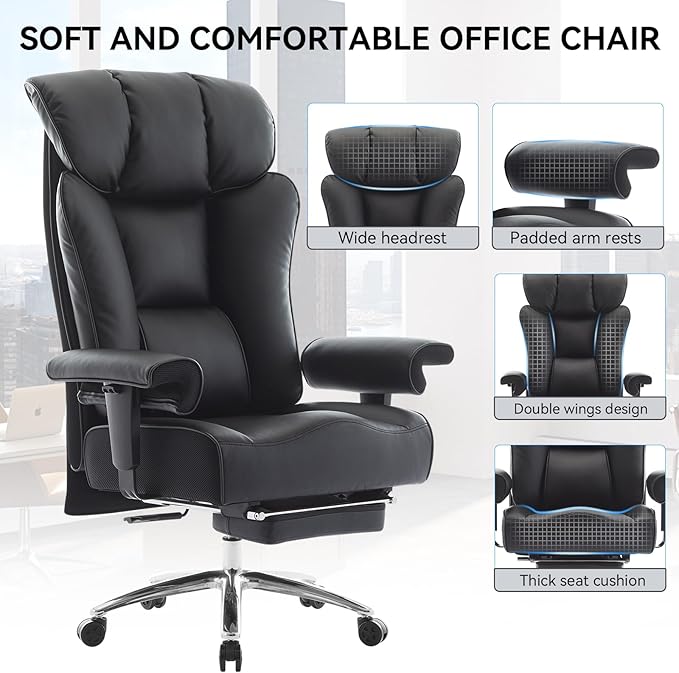Efomao Ergonomic Office Chair 450LBS with Foot Rest, High Back PU Leather Executive Office Chair with Adjustable Armrests, Lumbar Support for Home or Work, Computer Chair, Black