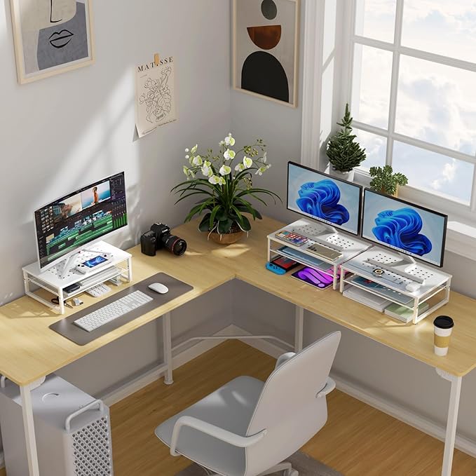 gianotter 2-Tier Metal Monitor Stand Riser, Desk Accessories & Workspace Desk Organizers, Office Desk Storage Organizer for Office Supplies (White)