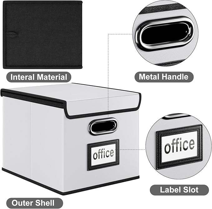 Huolewa Portable Leather File Organizer Boxes with Lids, Collapsible File Folder Organizer Boxes, Decorative Small Filing File Cabinet for Home/Office, Easily Store Documents/Hanging File Folders