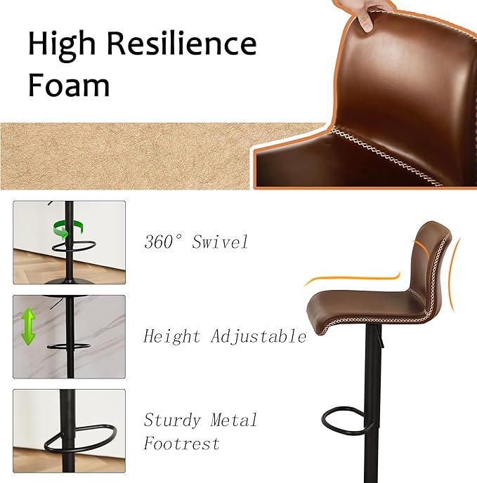 HeuGah Swivel Bar Stools Set of 4, Counter Height Bar Stools with Back, Adjustable Bar Stools 24" to 32", Brown Faux Leather Bar Chairs for Kitchen Island (Brown, Set of 4 (24'' to 32''))