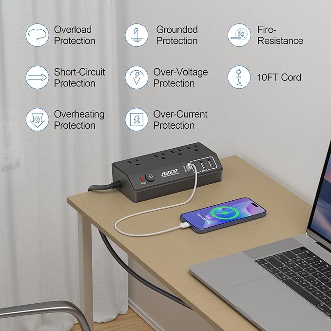 Desk Clamp Power Strip with PD 20W USB C, JXGUCAT Removable Fast Charging Desktop Edge Power Strip Surge Protector, 10 ft Extension Cord Flat Plug with 4 Outlet 4 USB Ports, Fit 1.8" Tabletop Edge