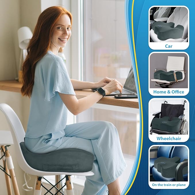 BlissTrends Seat Cushion,5.2in Thick Memory Foam Cushions for Office Chair, Car Seat, Airplane, Relieving Pressure Tailbone Sciatica Back Pain for Long Sitting Office Workers, Car Drivers DarkGreen