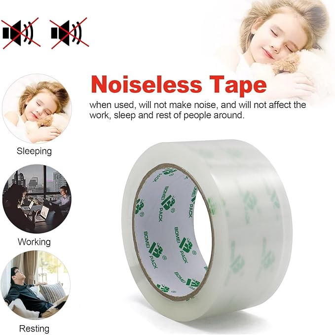 BOMEI PACK Clear Silent Packing Tape 18 Rolls, NO Noise Quiet Tape Refill Rolls for Shipping, Moving and Packaging, 2.4Mil 1.88Inch 55Yards