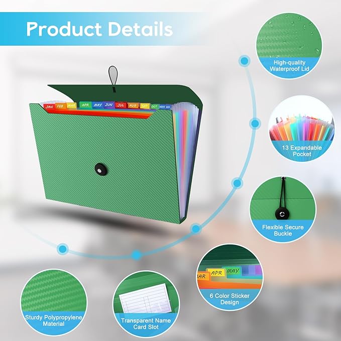 Expanding File Folder, Accordion File Organizer for Sorting Documents and Papers, 13 Pockets File Storage Organizer for Home, Travel and Office Use (Green)