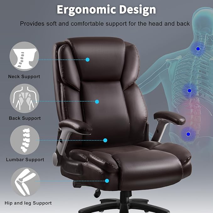Big and Tall Office Chair 600lbs, Heavy Duty Executive Office Chair for Heavy People, Brown High Back Office Leather Ergonomic Chair with Adjustable Armrests and Lumbar Support for Computer Desk Chair