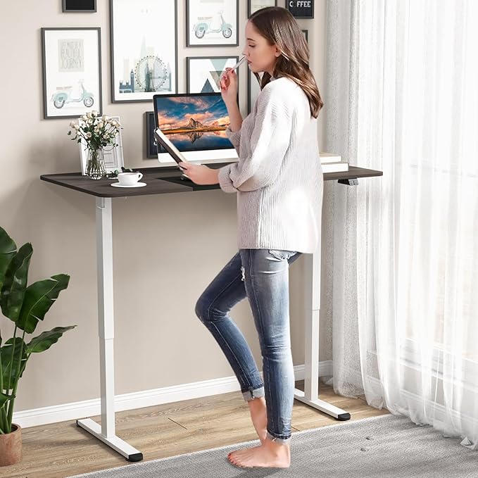 GOFLAME Height Adjustable Electric Standing Desk, 55 x 28 Inch Sit Stand Up Electric Desk with Headphone Hook, Ergonomic Standing Workstation, Electric Standing Desk with Metal Frame, Dark Grey