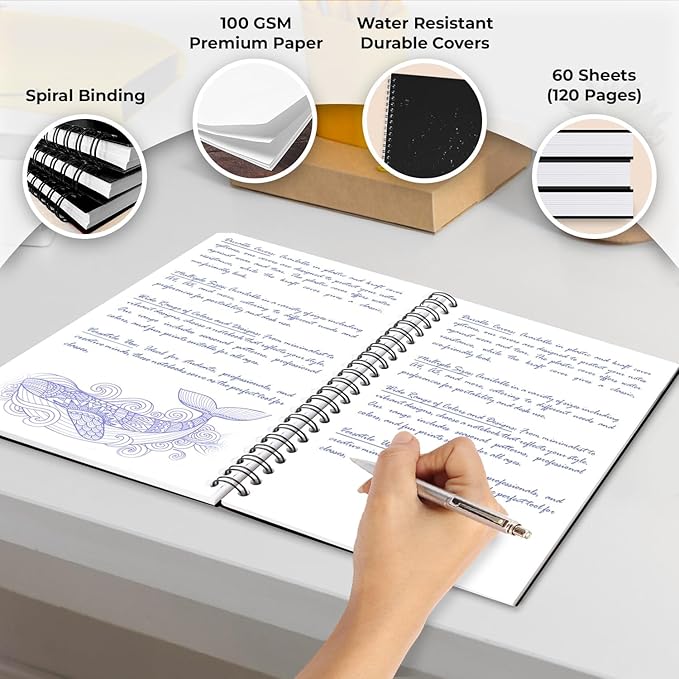 Bulk Spiral Notebook, 48 Pack, Unlined Journal, 5.8 x 8.3, 120 Pages (60 Sheets), 100 GSM Paper, No-Bleed, Black Cover Drawing Notebooks, Unlined Sketch Pad for Writing, Note Taking Travel