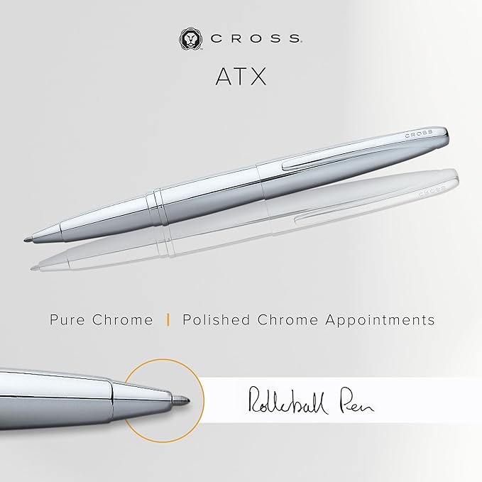Cross ATX Refillable Rollerball Pen Presented in a Luxury Gift Box - Medium Point, Black Ink, Pure Chrome