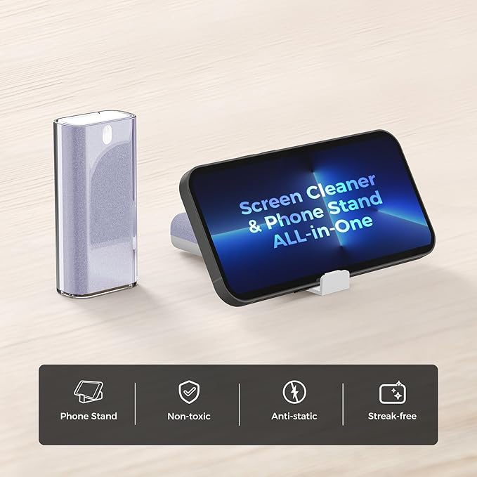 CLICK CLEAN Touchscreen Mist Cleaner, Screen Cleaner, All in One Screen Cleaner Spray with Microfiber and Phone Stand for All Phones, Laptop and Tablet Screens (Purple), W5131