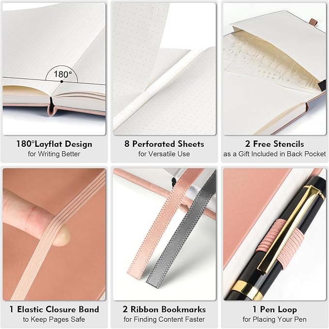 Dotted Journal Notebook, 312 Numbered Pages Large B5 Hardcover Leather Notebook, 100gsm No Bleed Paper Dot Grid Notebook with Index Pages, Dot Journal for Women Men, 7.6'' X 10'', Pink