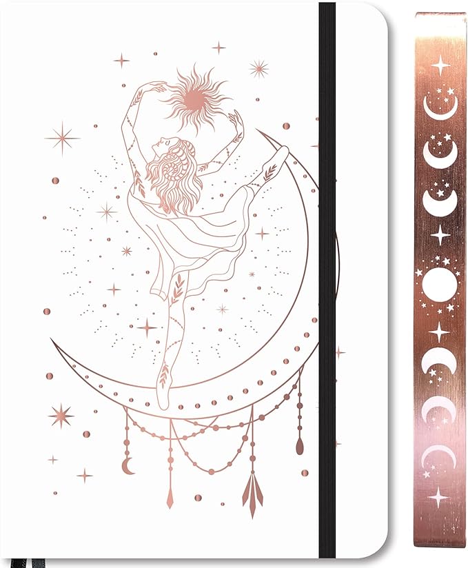 BUKE Medium A5 Hardcover Notebook Dotted Journal - 180Gsm Thick Bamboo Paper - 160 Dot Grid Pages 5x5 MM - White Color Faux PU Leather Cover - Rose Gold Edge And Moons (A5, White)