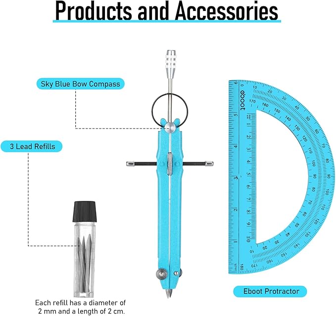 EBOOT Student Geometry Math Set, Drawing Compass and 6 Inch Clear Swing Arm Protractors 180 Degree Math Protractor(Blue and Blue)