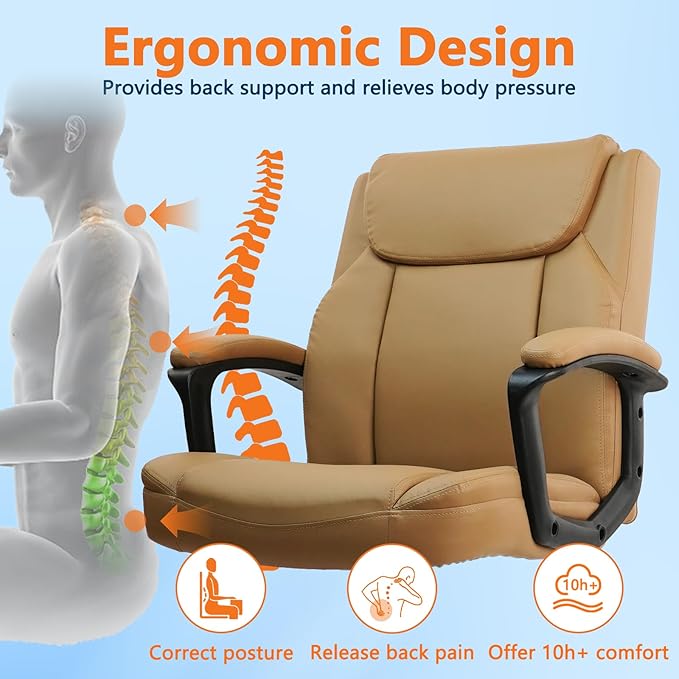 CLATINA Brown Office Computer Chair PU Leather Executive Office Chair Swivel Adjustable Height Chairs with Upholstery Fixed armrest Mid-Back Leather Thick Cushion Office Chairs Brown 2Pack