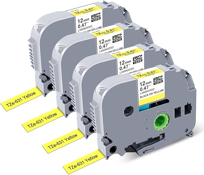 BOYEEZON 4Pack TZ Yellow Tape 12mm 0.47 Compatible for Brother PTouch TZe-631 TZE631 Black on Yellow Label Tape Work for Brother PT-D210 PT-D600 PTD400 Label Maker, 1/2 in x 26.2 Ft