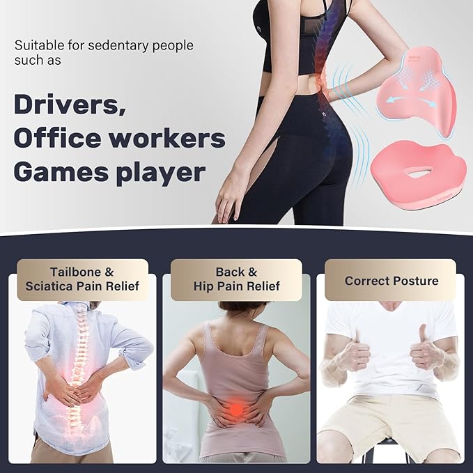 Coverado Seat Cushion and Lumbar Support Pillow for Car Office Chair, Ergonomic Memory Foam Desk Chair Cushion Back Support Pillow, Sciatica & Back & Tailbone Pain Relief Cushion-Pink