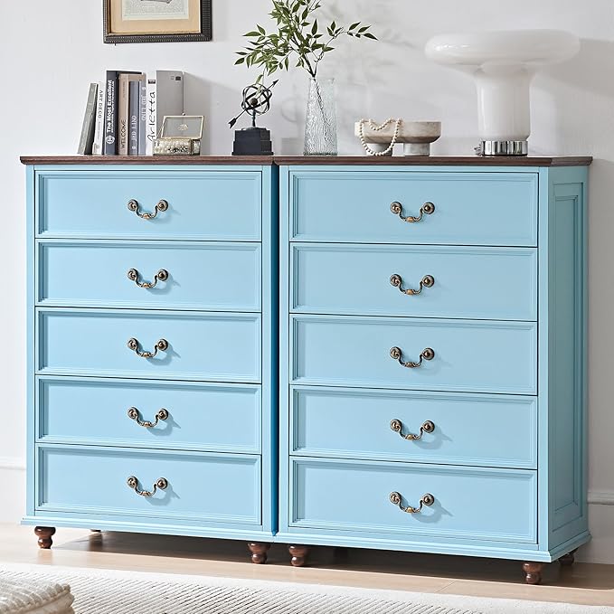 Farmhouse 5 Drawer Dresser Set of 2 for Bedroom, 45" Tall Vintage Chests of Drawers w/ 4 Solid Wood Feet, Mid Century Rustic Closet Storage Dressers Organizer for Living Room, Light Blue