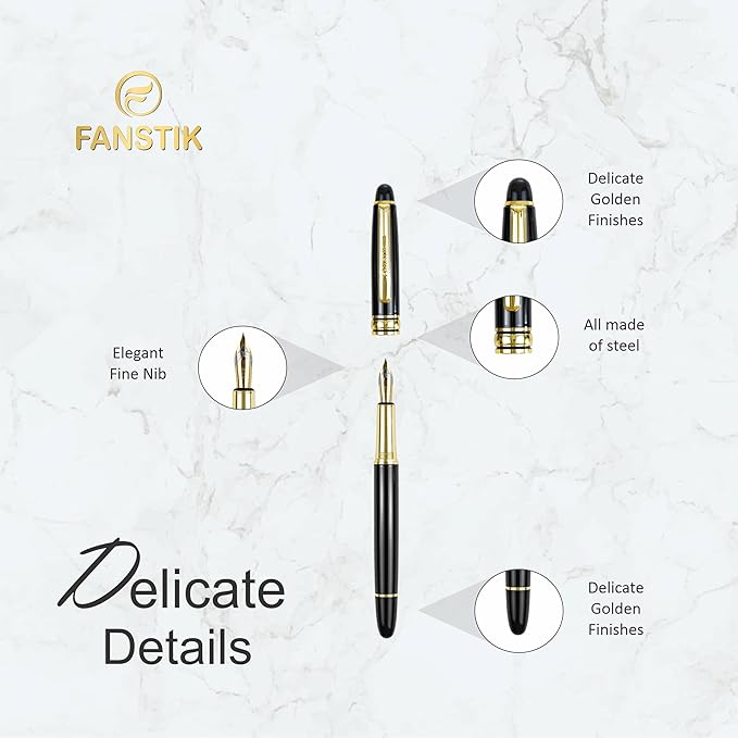 Customized Fountain pen with name (MADE IN USA), stainless steel, black and gold, luxury engraved pen personalized for men and for women. (Fountain Black-Gold)