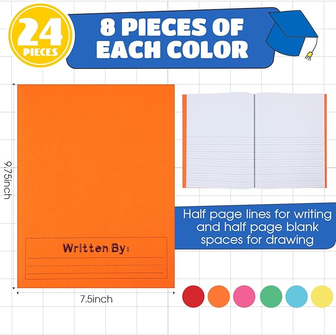 Henoyso 24 Pcs Primary Composition Notebook K-2 9 3/4 x 7 1/2 Inch Primary Journal, Back to School Supplies, Bulk Blank Writing Book for Kid to Write Draw Journal 60 Page Notebooks (Colorful)