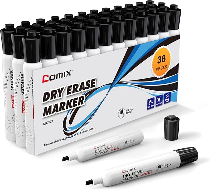 Comix Low Odor Dry Erase Markers, 36 Bulk Black Color Whiteboard Markers, Chisel Tip Thick Markers for Kids Teachers