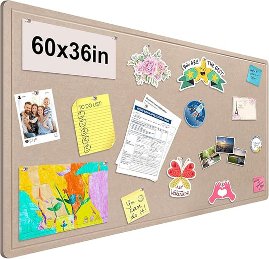 Foldable Large Bulletin Board, 60x36 Inches Cork Board Alternative, Large Felt Board Decorative Pin Board for Wall, Foldable Photo Board Self-Adhesive Vision Board with 36 Pushpins Khaki