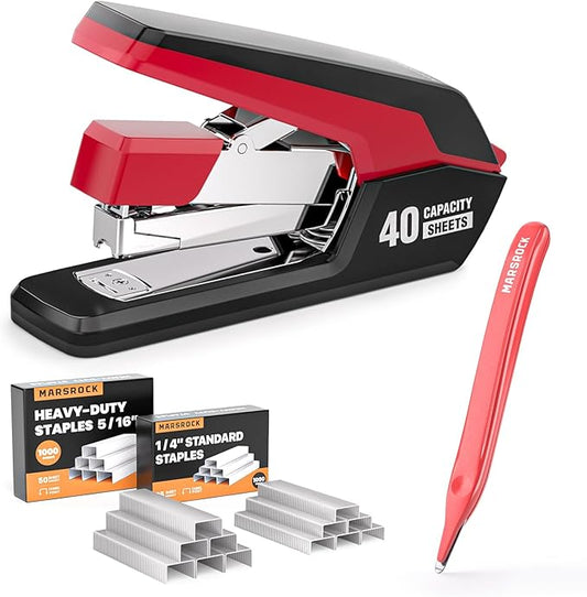 Effortless Stapler for Desk with 40-50 Sheet Capacity, 2000 Staples, 1-Touch Stapling, Ergonomic & Easy to Load Desktop Staplers, Heavy Duty Stapler, and Magnetic Staple Remover, Red