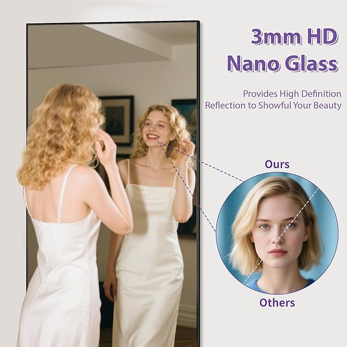 Full Length Mirror, 58"x21" Oversized Floor Mirror Freestanding, Full Body Mirror Floor Standing Mirrors with Stand, Hanging Mounted Mirrors for Bedroom Living Room, Black, Rect Style