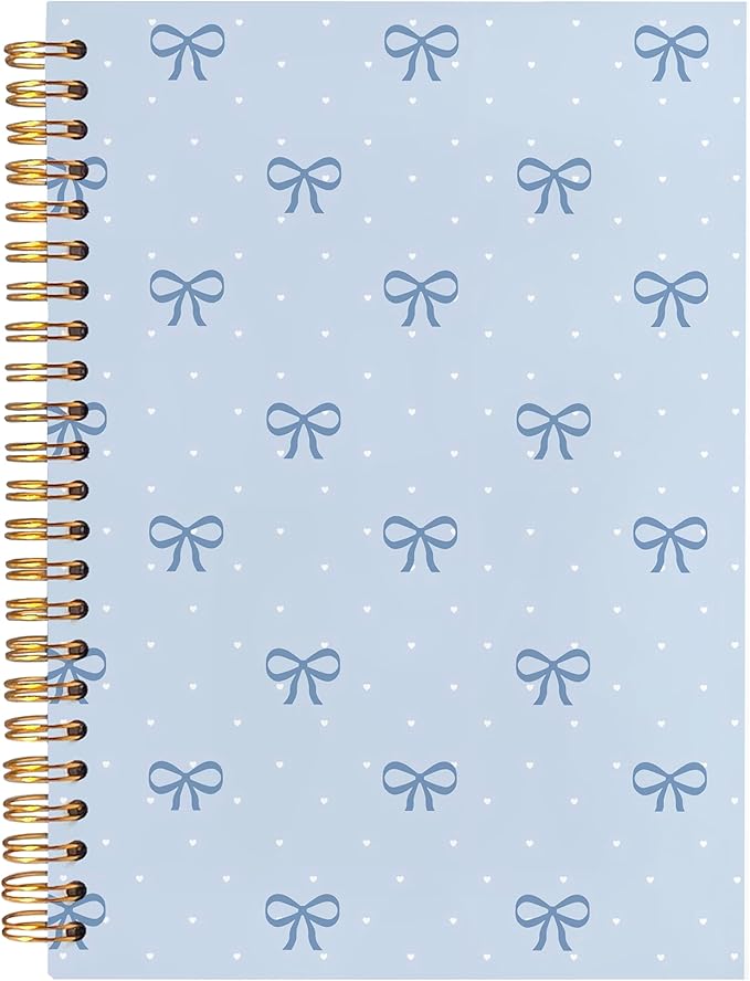 BearCake Coquette Blue Bow Notebook Journal, Preppy Bow Journal for Women Girls, Blue Cute Office Supplies, Girly Aesthetic Hardcover Spiral Notebook 5.5x8.3