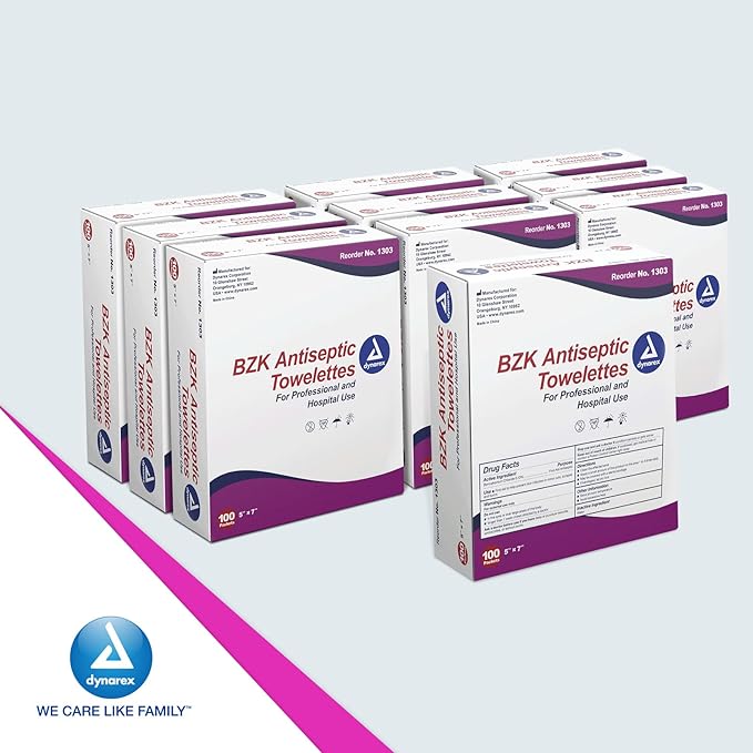 Dynarex BZK Antiseptic Towelettes, 5" x 7", Disposable and Premoistened, Individually Wrapped, 1 Case | 10 Boxes of 100 Dynarex BZK Antiseptic Towelettes (Packaging May Vary)