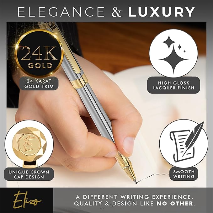 ELIZO Luxury Pen Fancy Real 24K Gold Plated Trim Chrome Silver Nice Pen Gift Rollerball Cool Best Pens Schmidt Ink EDC Pen Executive Smooth Writing Pens for Men Women