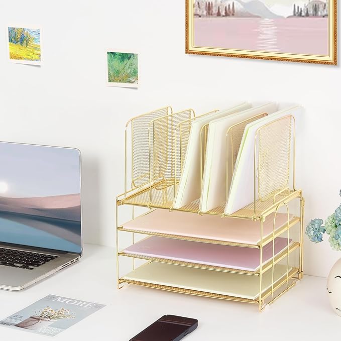 Desk Organizers and Accessories, 3-Tier Paper Organizer with 5 Vertical File Holders, File Organizer for Desk, Desk Accessories & Workspace Organizers (Gold, 3T)
