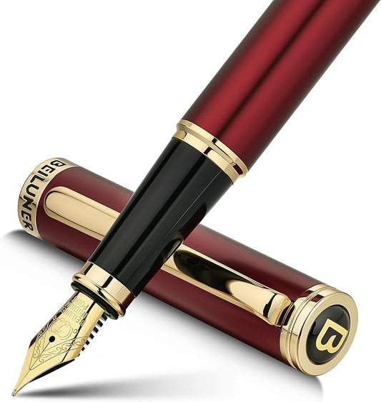 BEILUNER Red Fountain Pen,Stunning Luxury Lacquer,24K Gilded Nib(Fine),Gorgeous 24K Gold Finish,Ink Converter, Fancy Gift for Men&Women-Elegant, Executive,Office, Elegant, Nice Pens for Writing