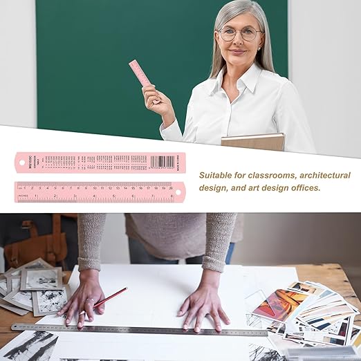 HARFINGTON 4pcs Metal Straight Ruler 20cm Metric SAE Aluminum Alloy Measuring Rulers Scale Tool with Hole for Measure Study Reading Classroom Office, Pink