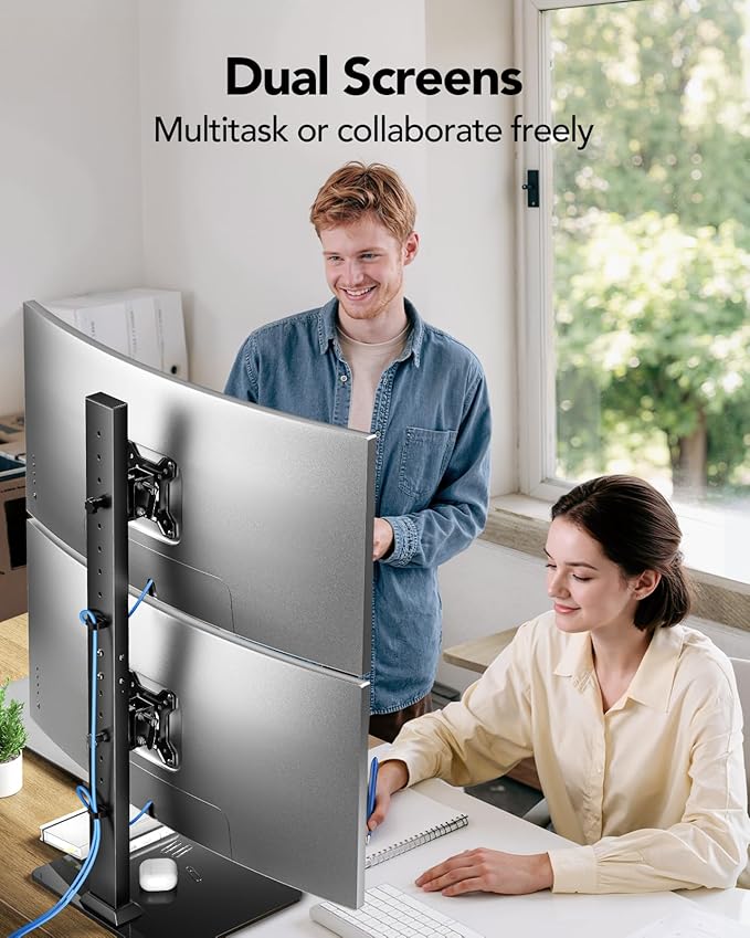 HUANUO Dual Monitor Stand, Vertical Monitor Mount for Two Screens 13 to 34 Inch, Freestanding Monitor Riser with Swivel, Tilt, Rotation and 13 Height Settings, Max Load 44 lbs, Max VESA 100x100