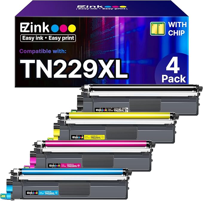 E-Z Ink Compatible TN229XL Toner Cartridges Replacement for Brother TN229XL TN-229XL TN229 XL to use with MFC-L3720CDW MFC-L3780CDW HL-L3220CDW HL-L3280CDW HL-L3300CDW Printer (TN229XLBK/C/M/Y-4 Pack)