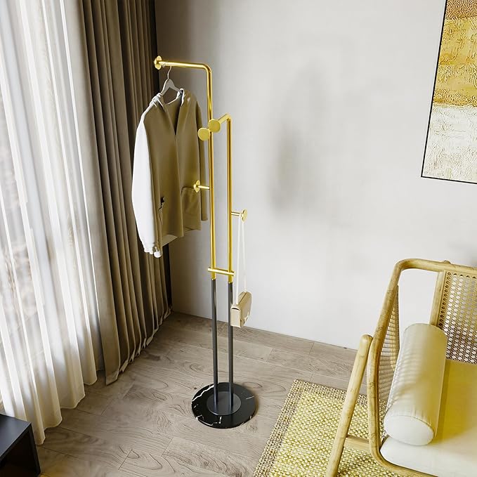 Coat Rack Stand,Black and gold Clothing Rack Freestanding with Marble Base,Metal Coat Hanger Rack,coat tree for Entryway Bedroom Hotel Hall