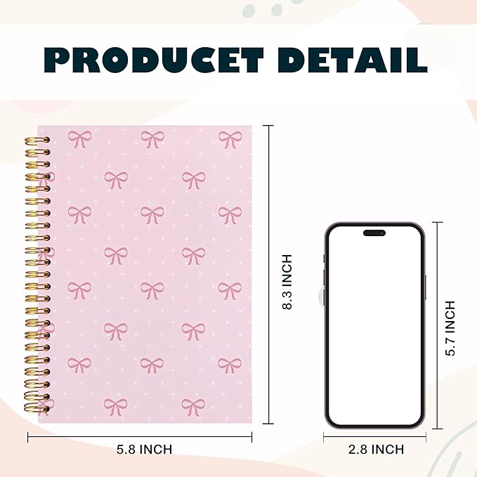 BearCake Coquette Pink Bow Notebook Journal, Preppy Cute Bow Journal for Women Girls, Pink Cute Office Supplies, Girly Aesthetic Hardcover Spiral Notebook 5.5x8.3