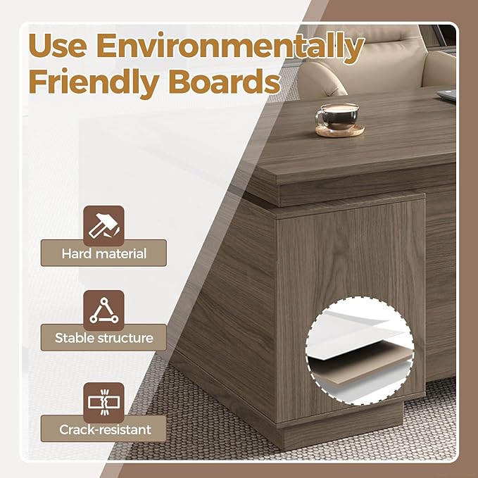 Executive Office Desk with Reversible Cabinets, Lockable Drawers, Cable Box & Privacy Panel – Modern Wood Grain Desk for Home Office or Business Use(Black Walnut,63" L*32" W*30" H)