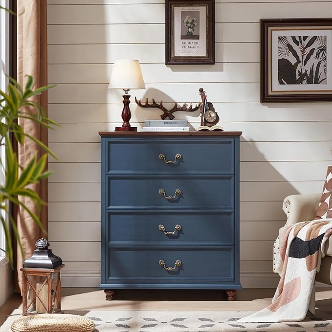 Farmhouse 4 Drawer Dresser for Bedroom, 37" Tall Rustic Chests of Drawers w/ 4 Solid Wood Feet, Mid Century Modern Wooden Closet Storage Dressers Organizer for Living Room, Hallway, Navy Blue