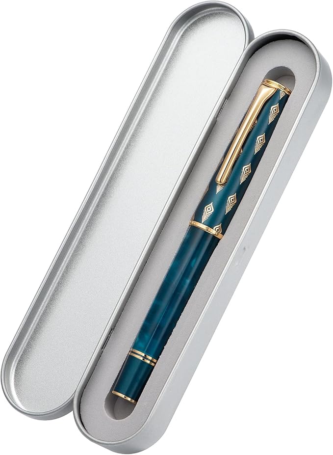 Hongdian N7 Blue Peacock Resin Piston Fountain Pen, Iridium Fine Nib Classic Pen, Smooth Writing Pen with Metal Box